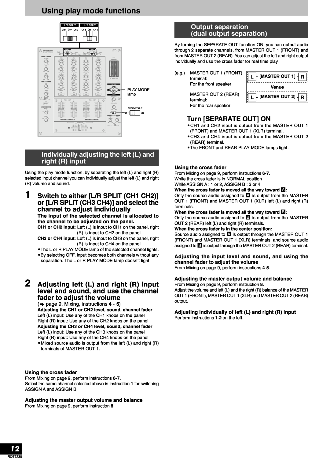 Panasonic RQT7230-3Y, SH-MZ1200 operating instructions Using play mode functions, Output separation dual output separation 