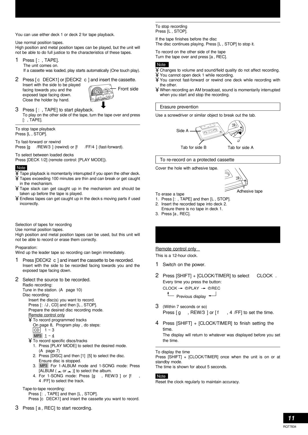 Panasonic RQT7834-3P important safety instructions Cassettes, Setting the time, Playback, Recording 