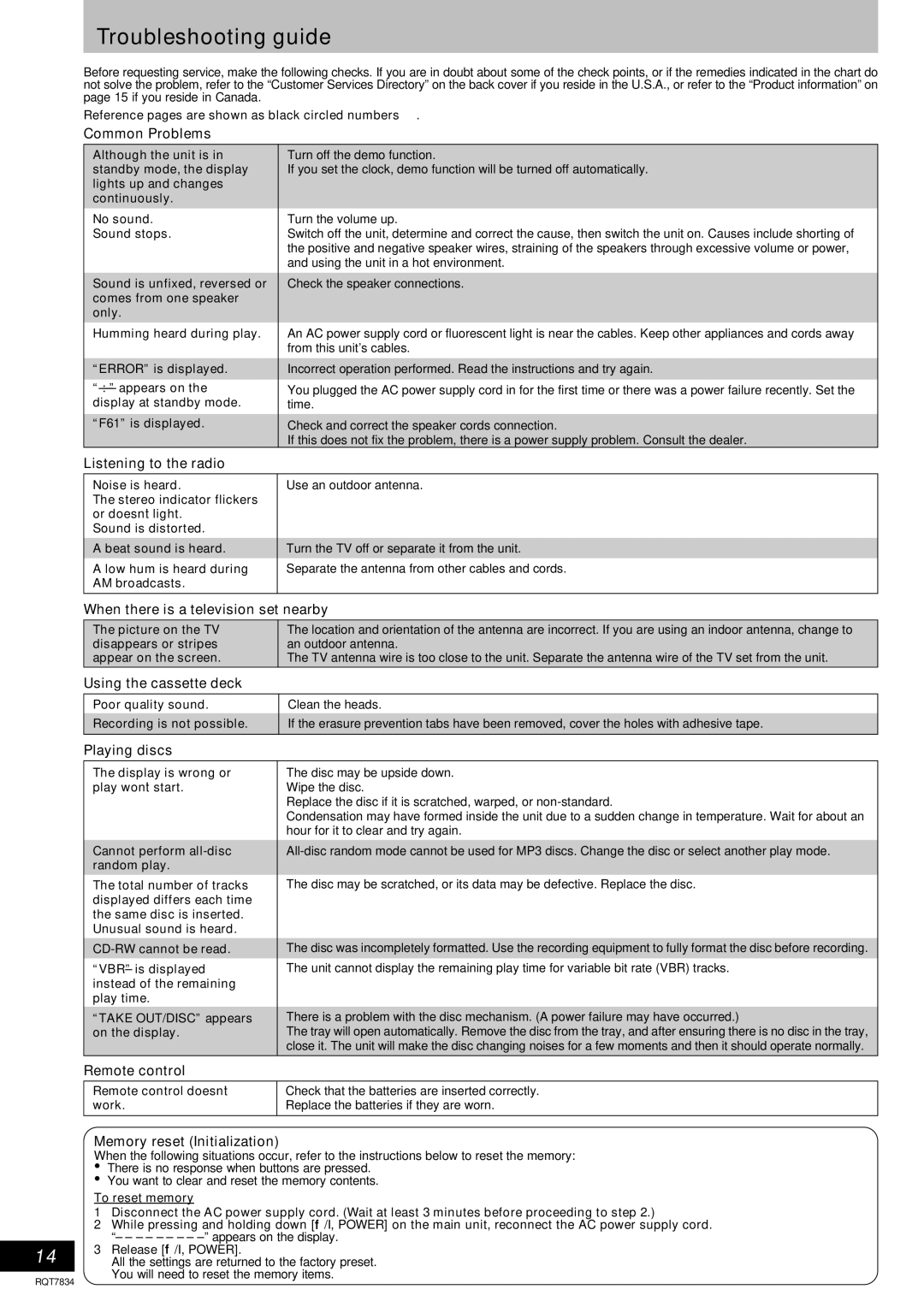 Panasonic RQT7834-3P important safety instructions Troubleshooting guide 