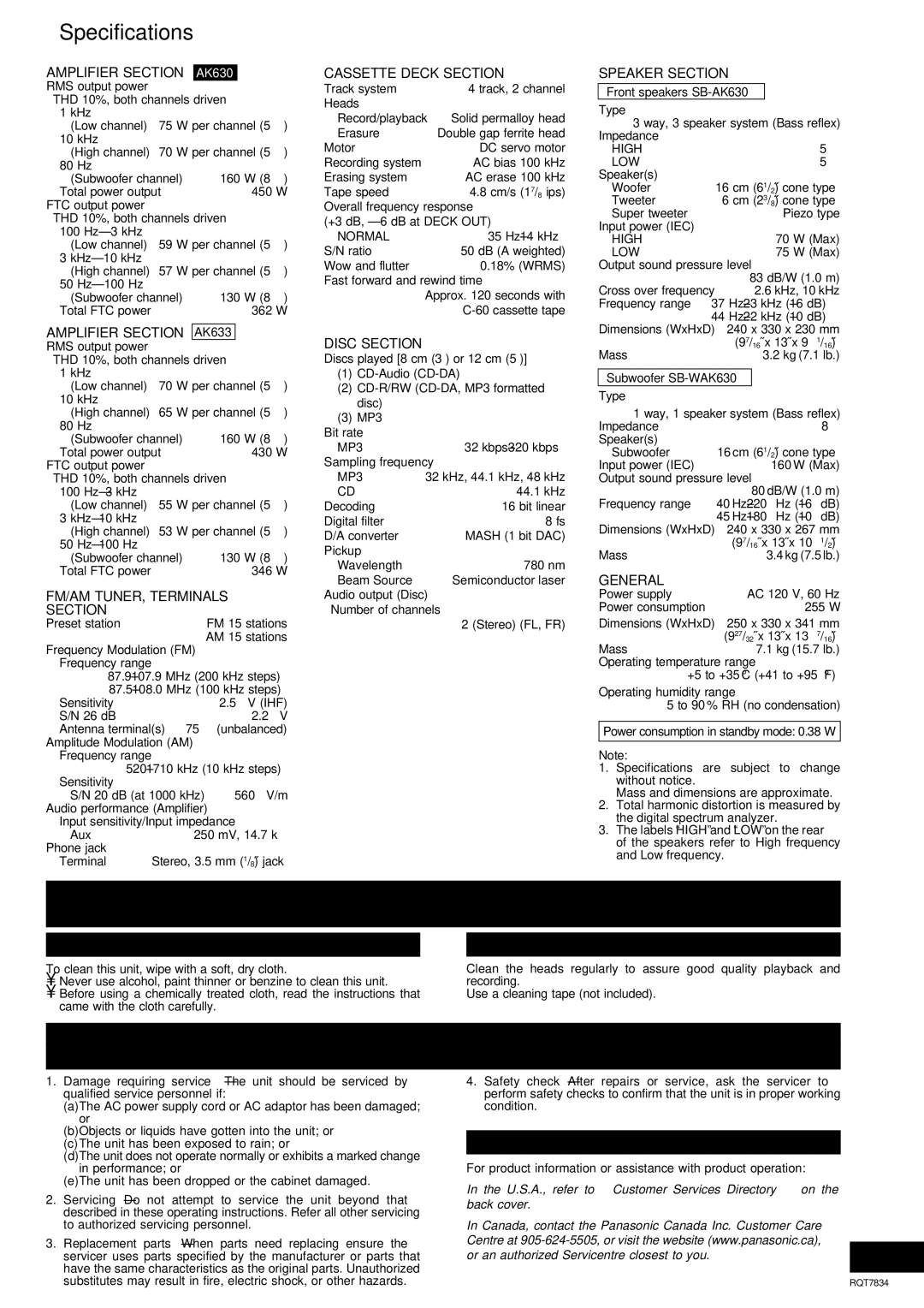 Panasonic RQT7834-3P important safety instructions Specifications, Maintenance, Product Service 