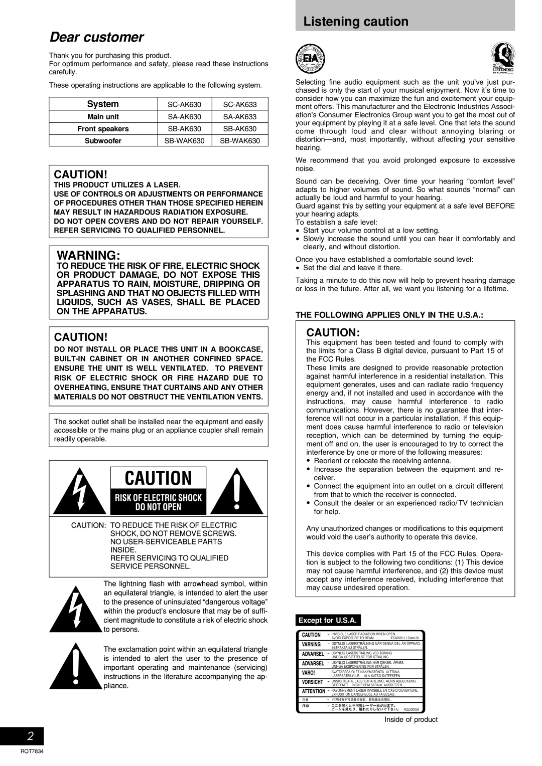 Panasonic RQT7834-3P important safety instructions Listening caution, SC-AK630 SC-AK633, Inside of product 