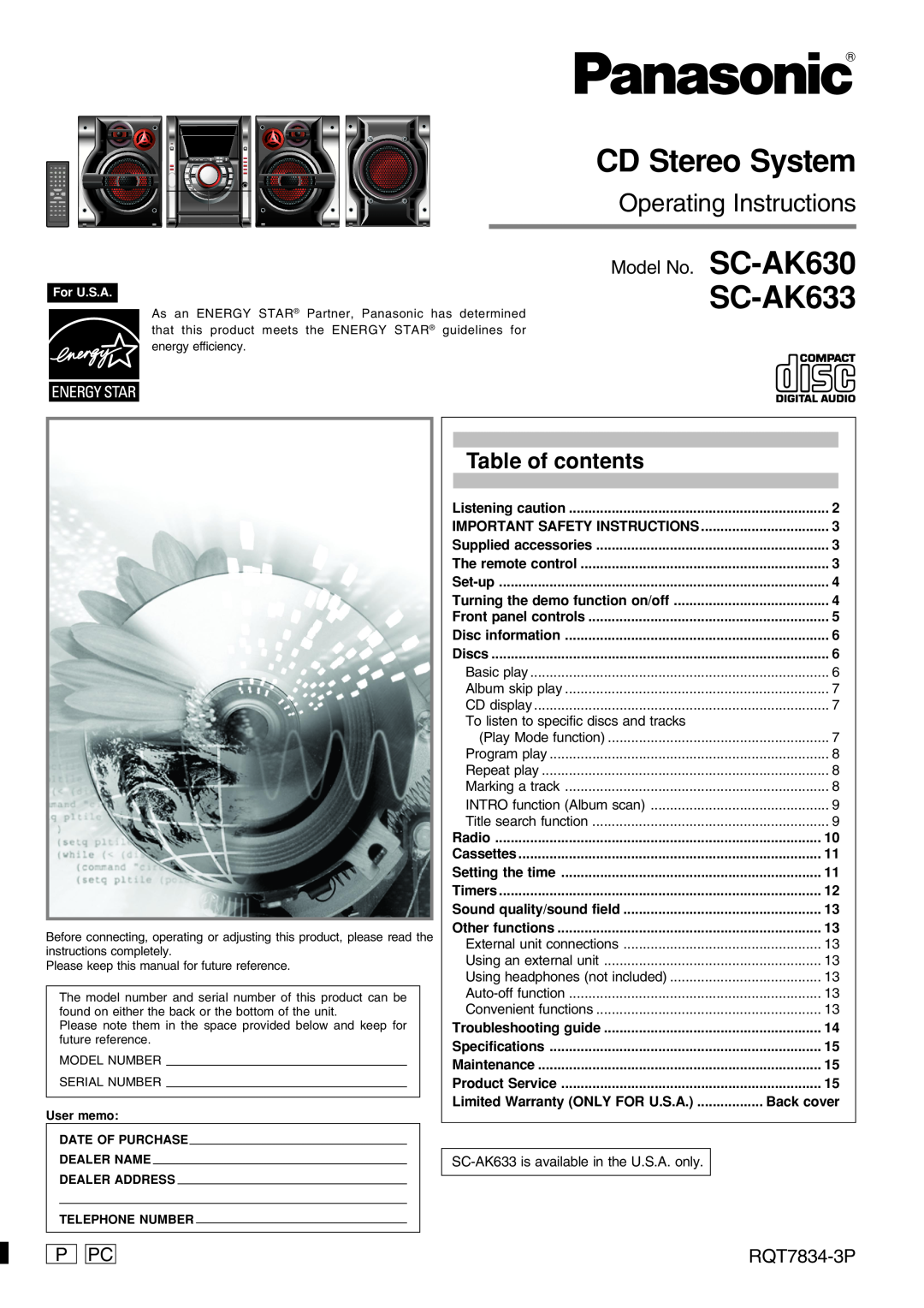 Panasonic RQT7834-3P important safety instructions Table of contents, Model No. SC-AK630, P Pc, CD Stereo System, SC-AK633 