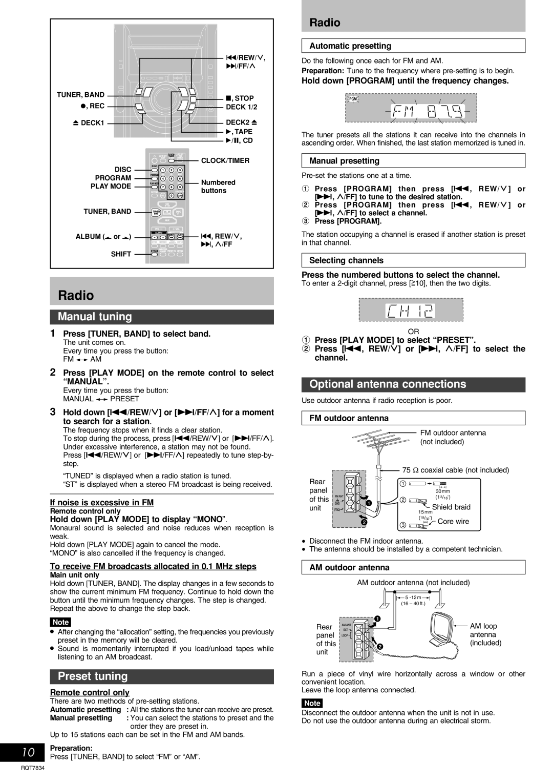 Panasonic RQT7834-3P important safety instructions Radio, Manual tuning, Preset tuning, Optional antenna connections 