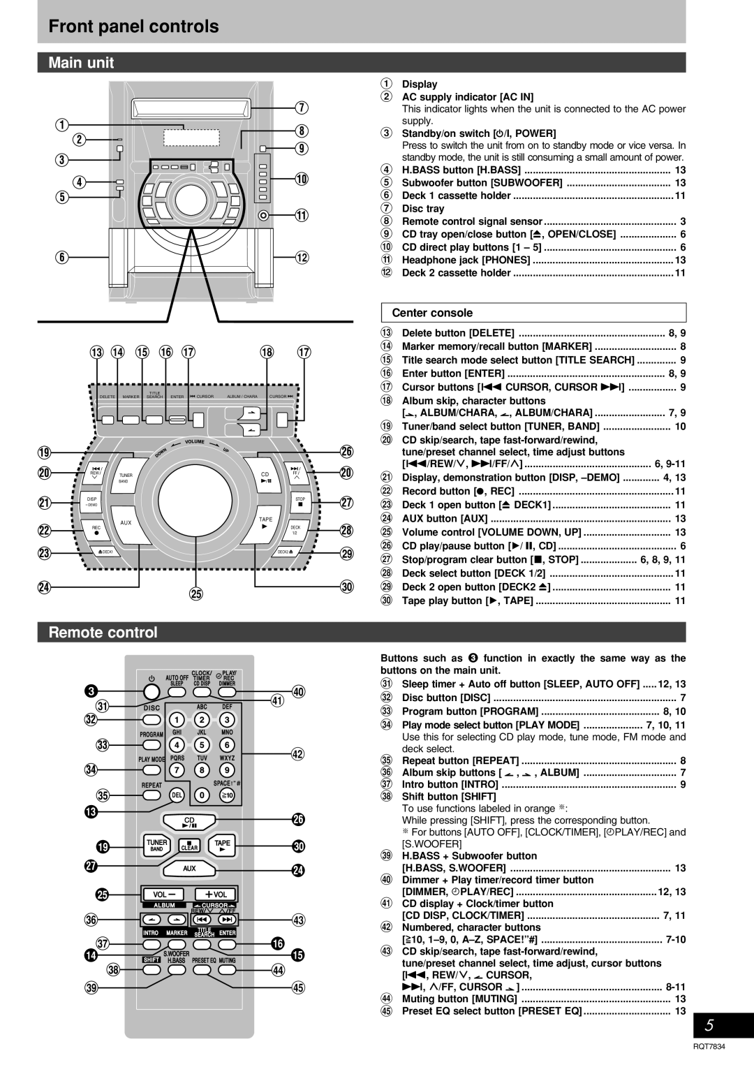Panasonic RQT7834-3P important safety instructions Front panel controls, Main unit, Remote control 