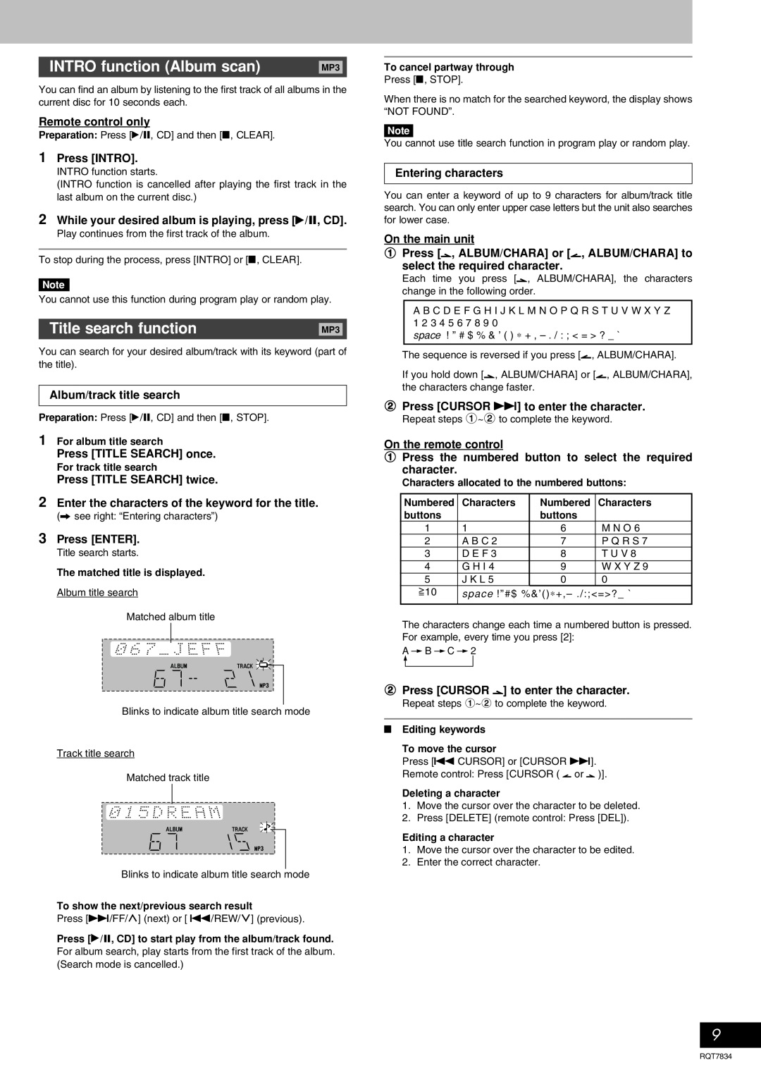 Panasonic RQT7834-3P important safety instructions INTRO function Album scan, Title search function 