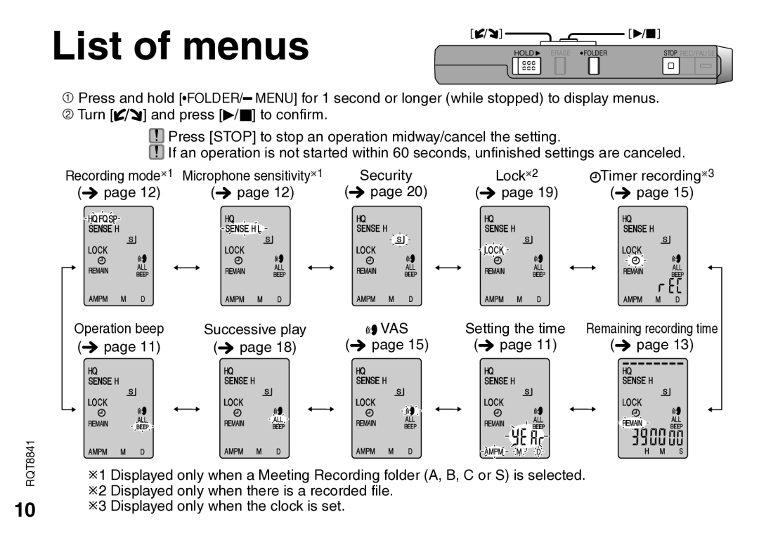 Panasonic RQT8841-P operating instructions List of menus, Vas 