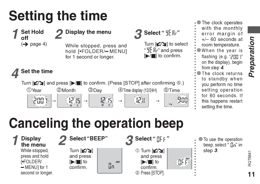 Panasonic RQT8841-P operating instructions Setting the time, Canceling the operation beep 