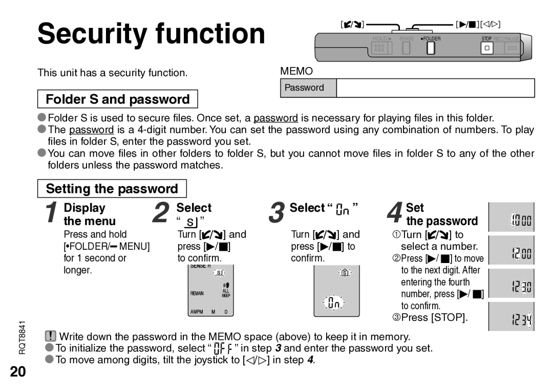 Panasonic RQT8841-P Security function, Folder S and password, Setting the password, Display Select Menu, Setthe password 