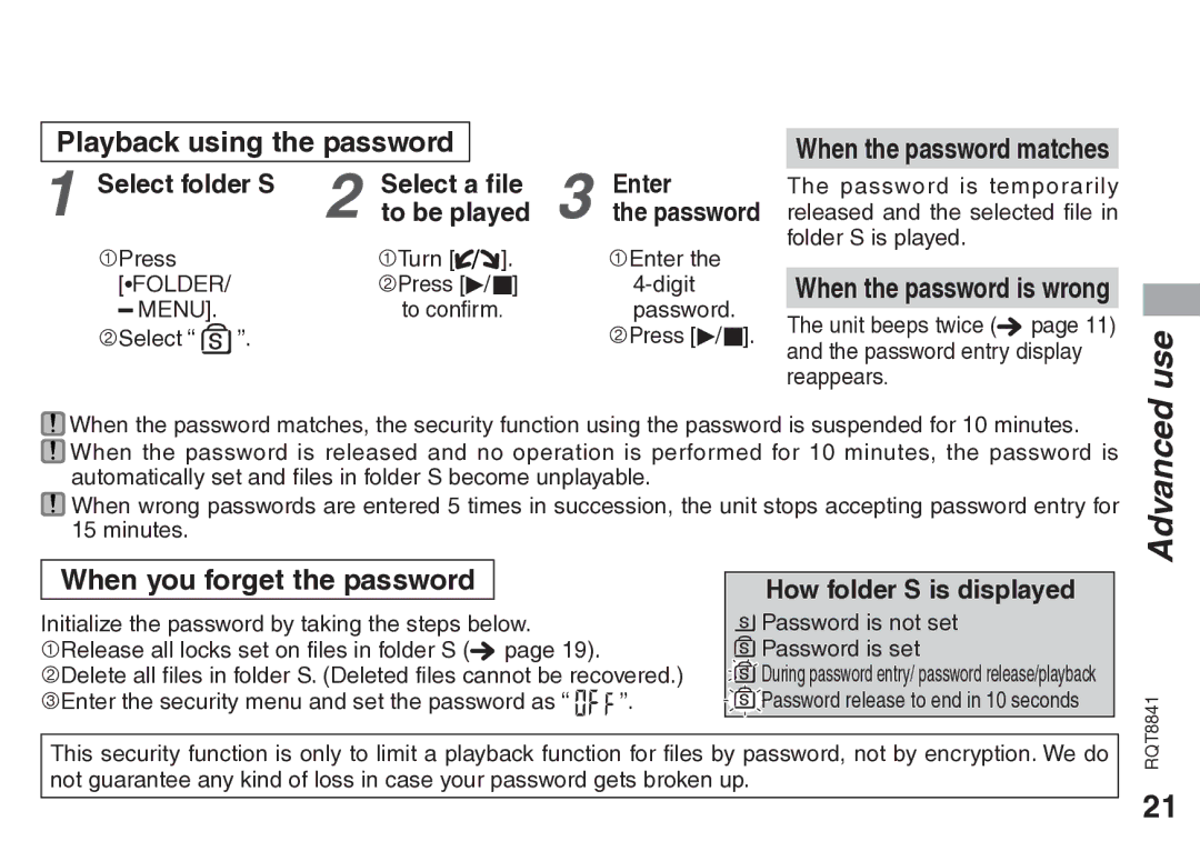 Panasonic RQT8841-P Playback using the password, When you forget the password, How folder S is displayed 