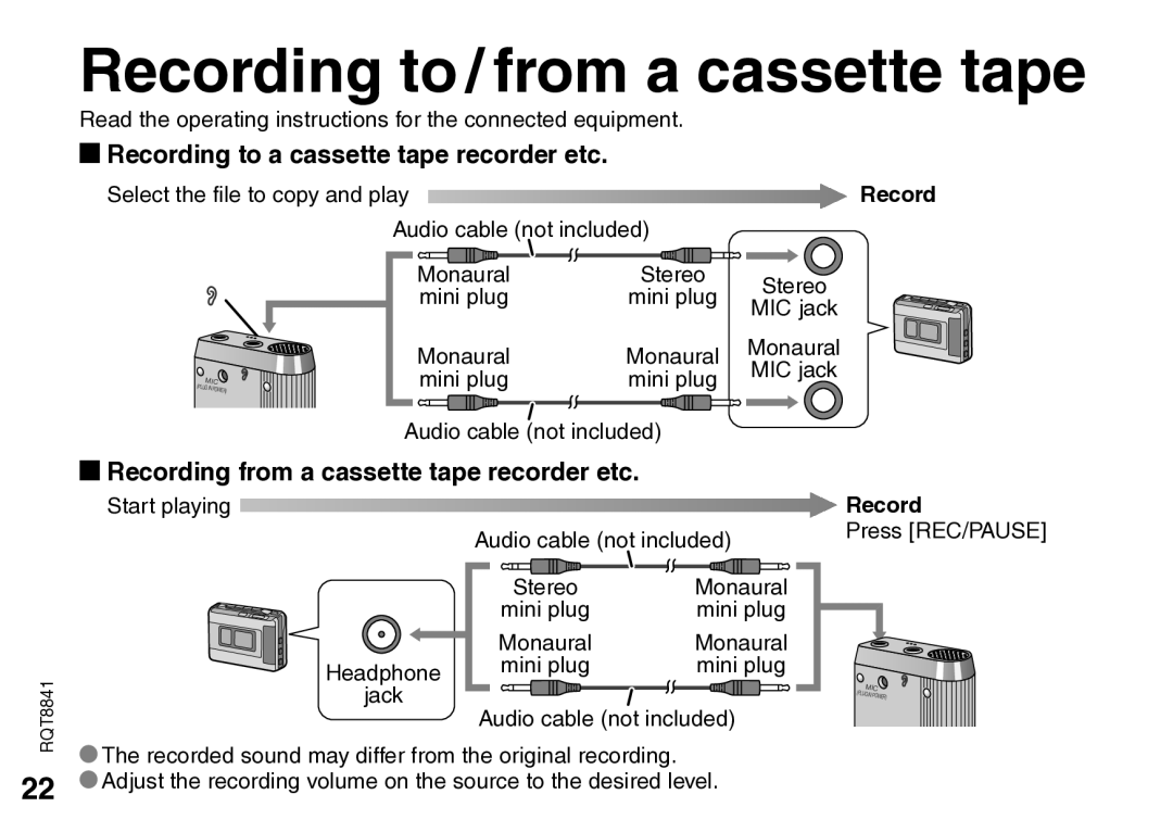 Panasonic RQT8841-P operating instructions Recording to / from a cassette tape, Recording to a cassette tape recorder etc 