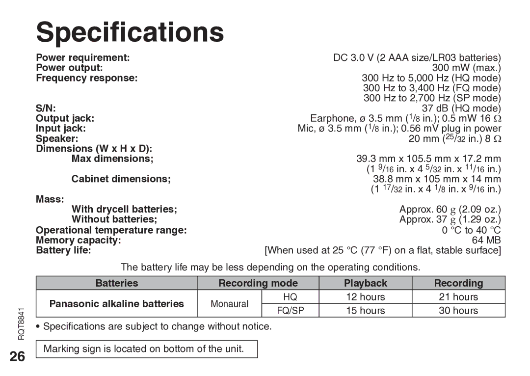 Panasonic RQT8841-P operating instructions Specifications 