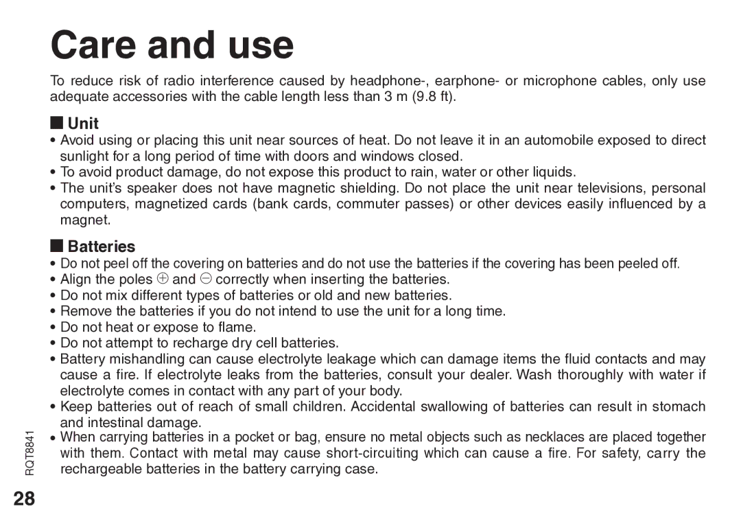 Panasonic RQT8841-P operating instructions Care and use, Unit, Batteries 