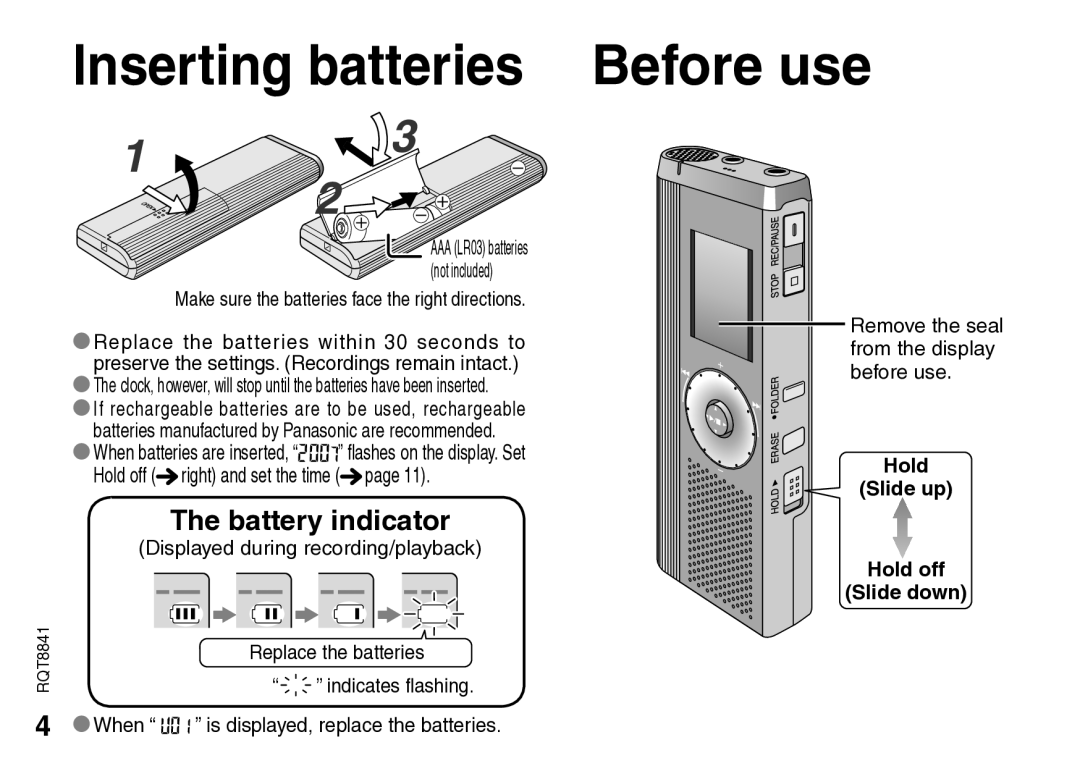 Panasonic RQT8841-P operating instructions Inserting batteries, Before use, Hold Slide up Hold off Slide down 