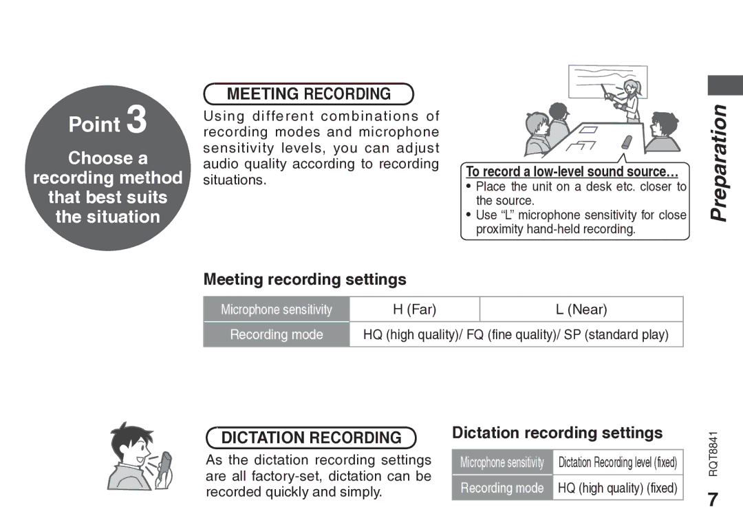 Panasonic RQT8841-P operating instructions Meeting recording settings, Dictation recording settings 