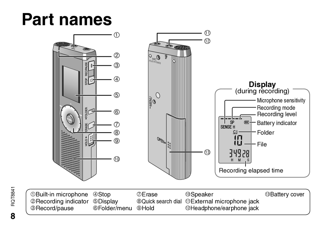 Panasonic RQT8841-P operating instructions Part names, Display 