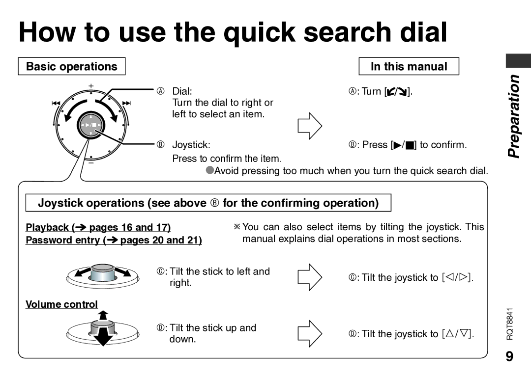 Panasonic RQT8841-P operating instructions How to use the quick search dial, Basic operations This manual, Volume control 