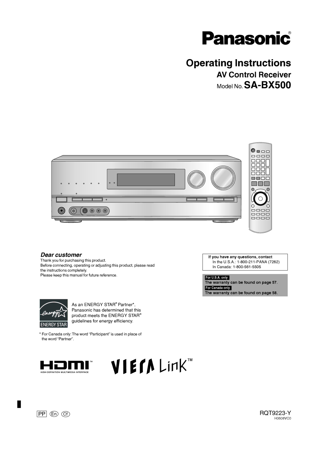 Panasonic H0608VC0, RQT9223-Y warranty Operating Instructions 