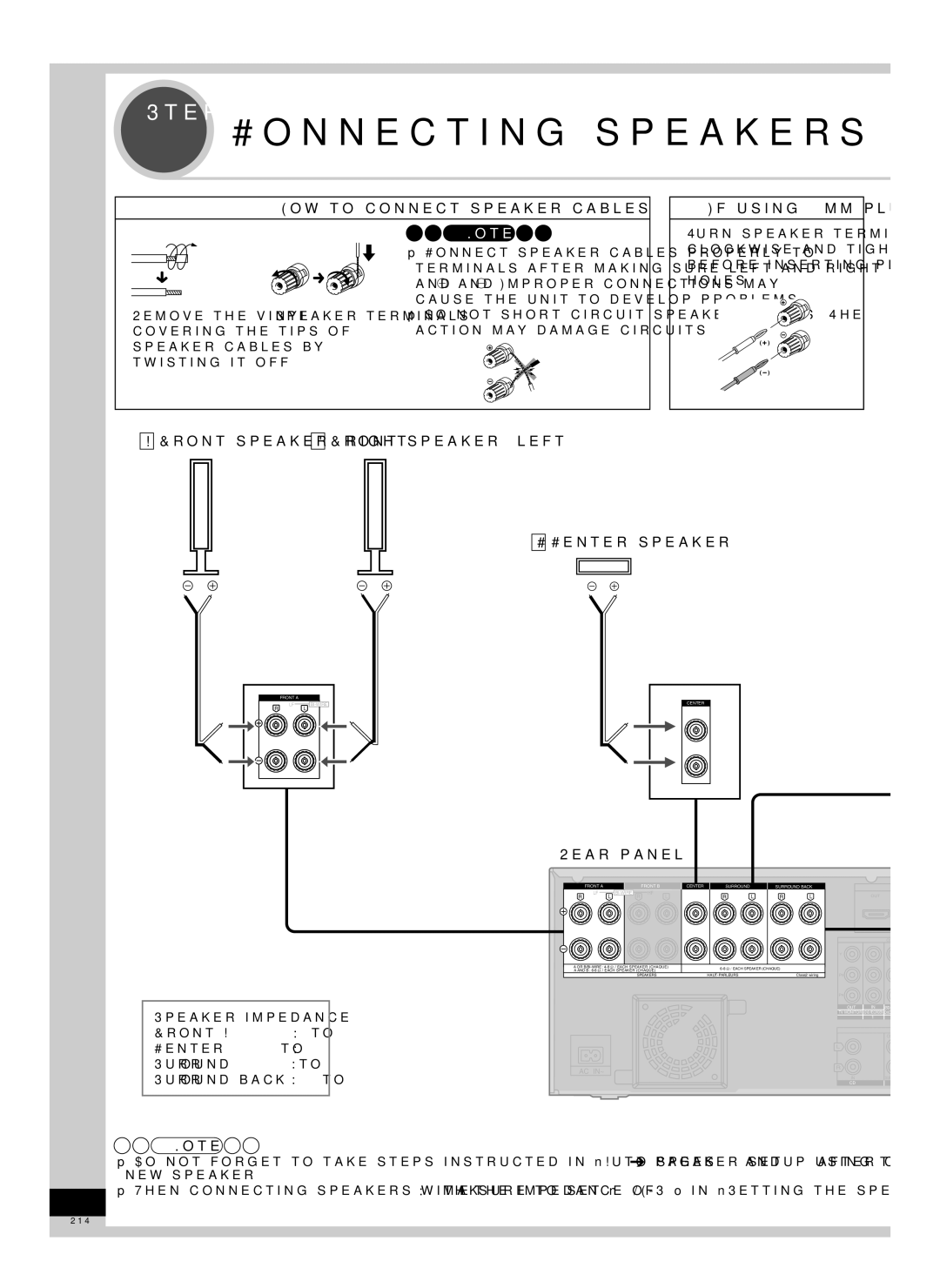 Panasonic H0608VC0 How to connect speaker cables If using 4-mm plug, Front speaker right Front speaker left Center speaker 