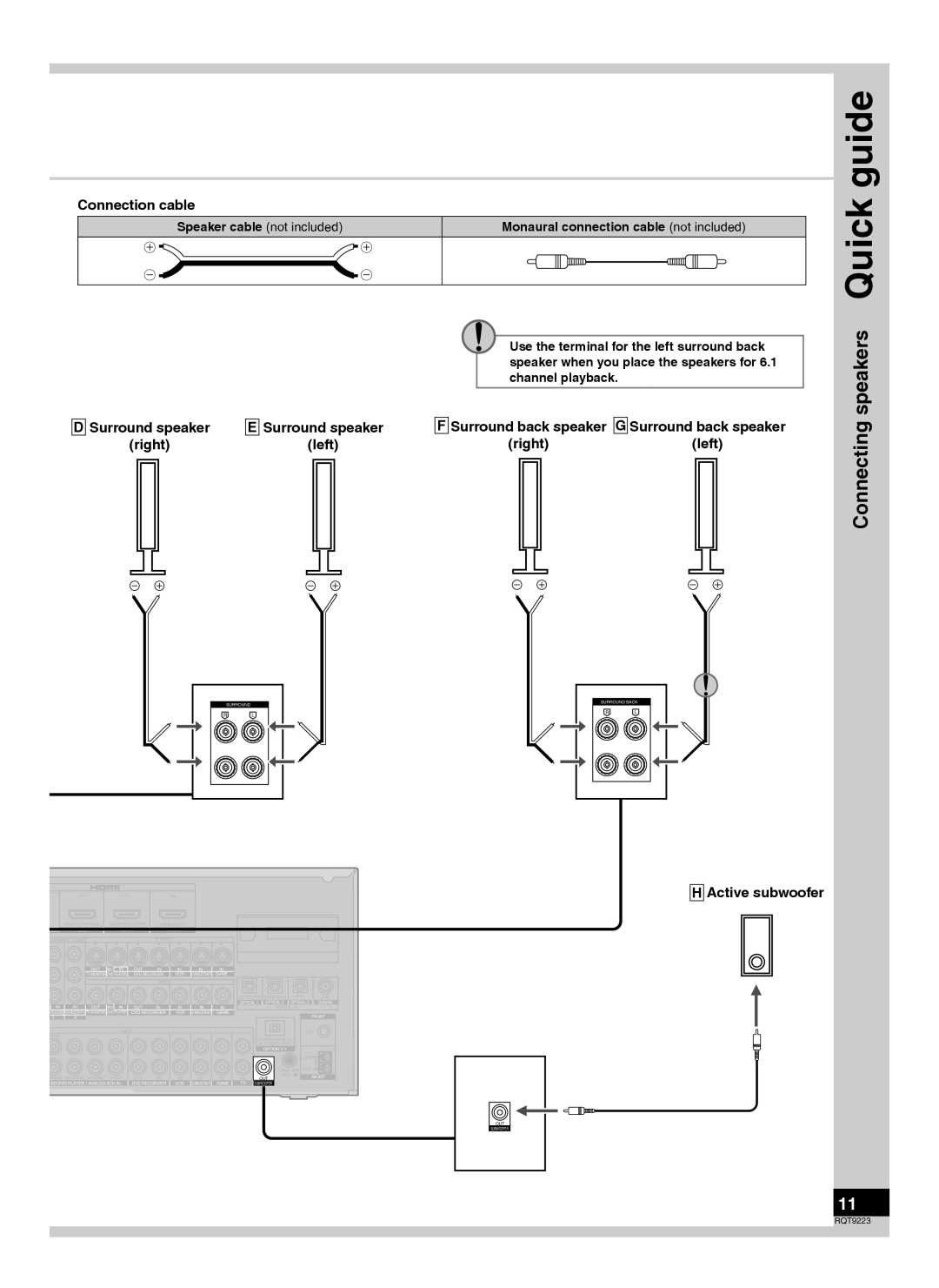 Panasonic RQT9223-Y, H0608VC0 warranty Connecting speakers Quick guide, Connection cable 