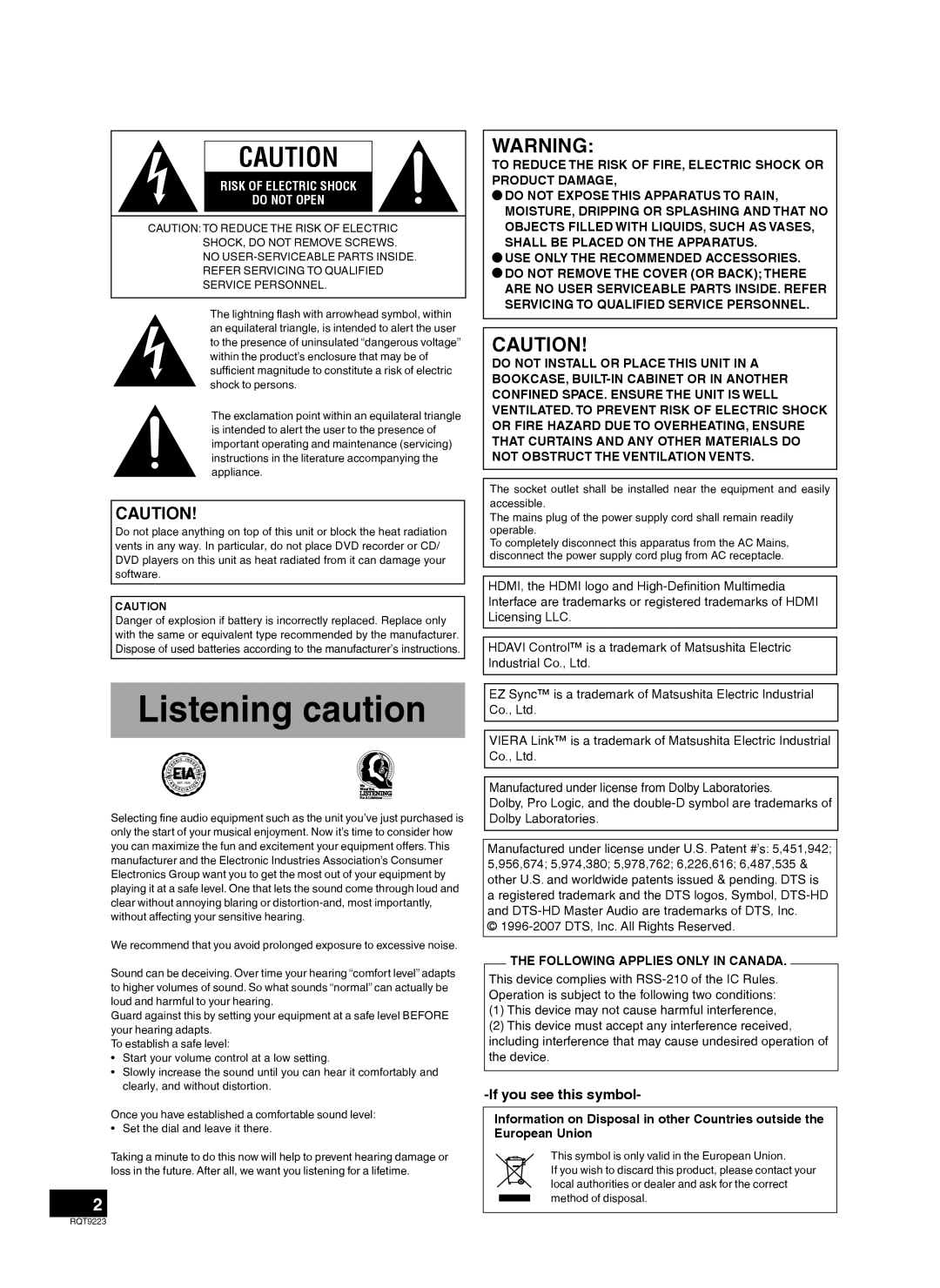 Panasonic RQT9223-Y, H0608VC0 warranty Listening caution, If you see this symbol 