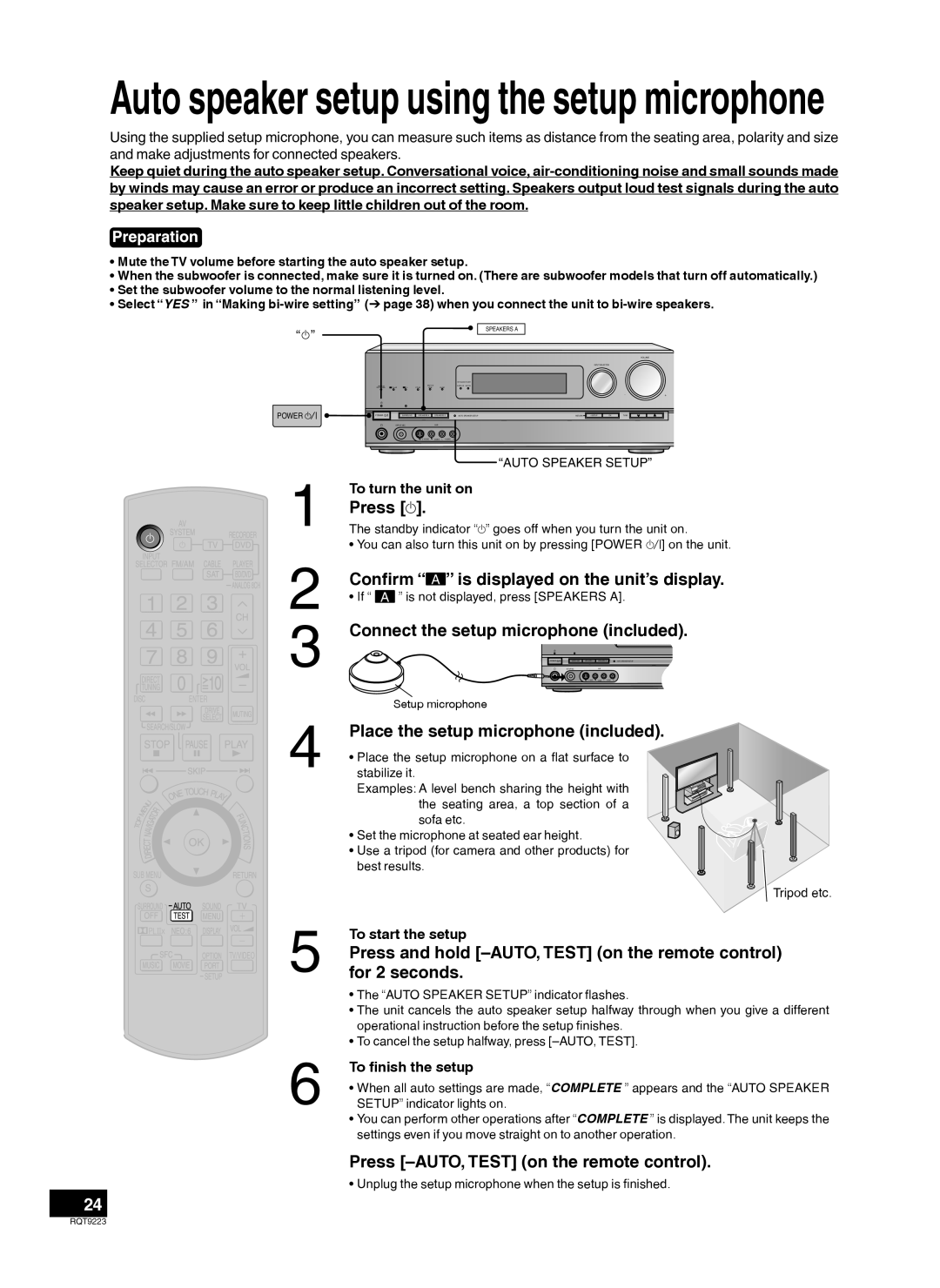 Panasonic RQT9223-Y, H0608VC0 warranty Conﬁrm a is displayed on the unit’s display, Connect the setup microphone included 