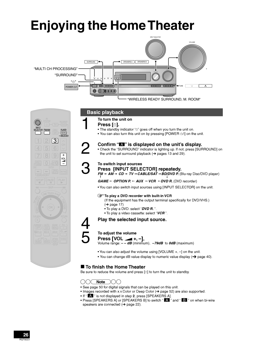 Panasonic RQT9223-Y, H0608VC0 warranty Enjoying the Home Theater, Basic playback,  To ﬁnish the Home Theater 