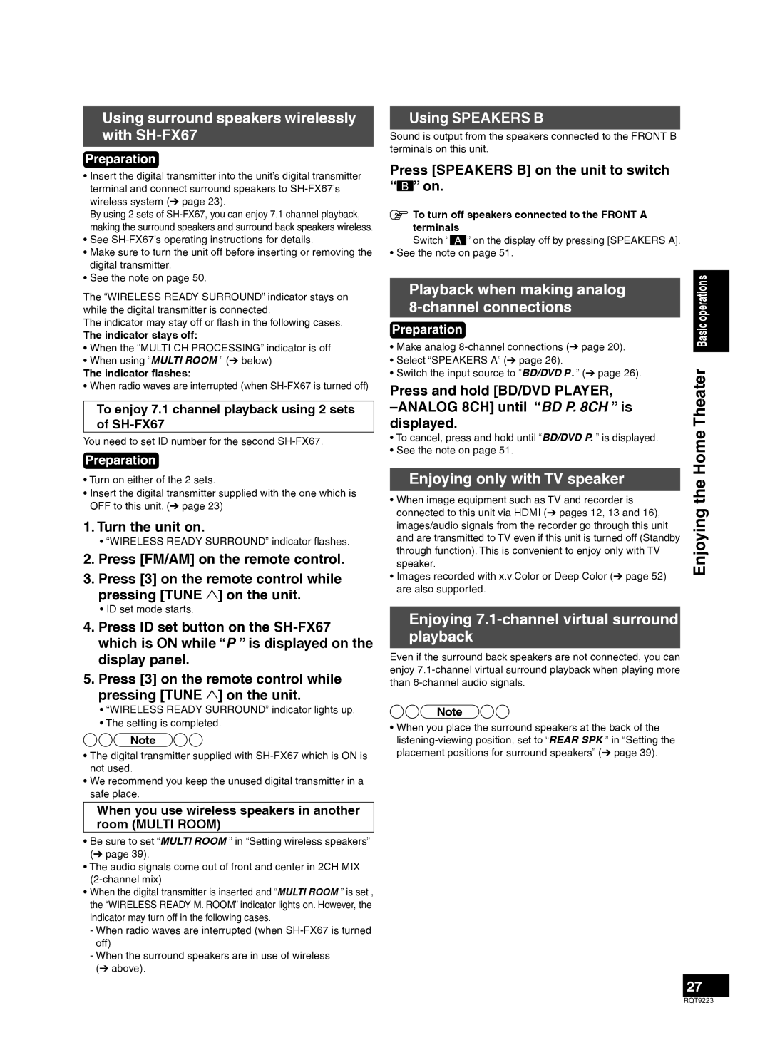 Panasonic RQT9223-Y warranty Using surround speakers wirelessly with SH-FX67, Using Speakers B, Playback when making analog 