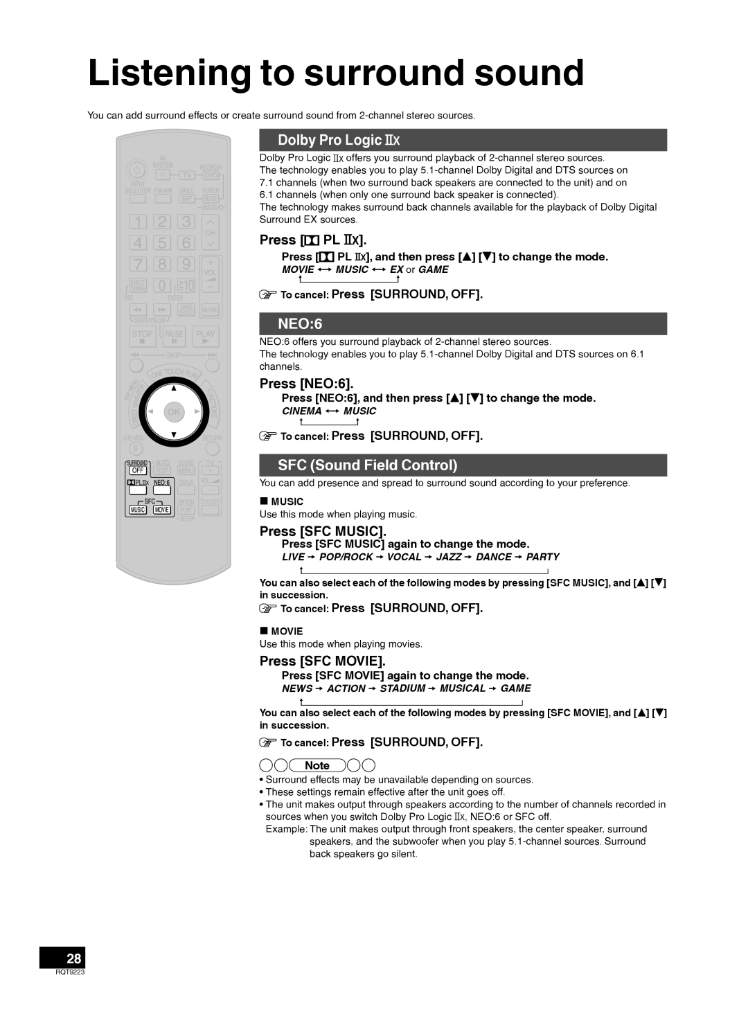 Panasonic H0608VC0, RQT9223-Y warranty Listening to surround sound, Dolby Pro Logic, SFC Sound Field Control 