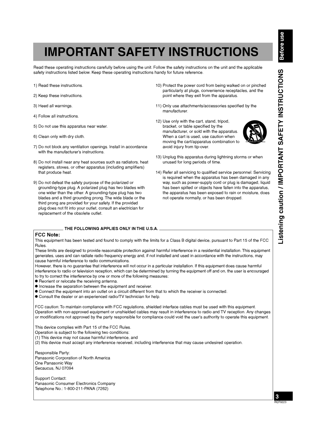 Panasonic RQT9223-Y, H0608VC0 warranty Before use, FCC Note 