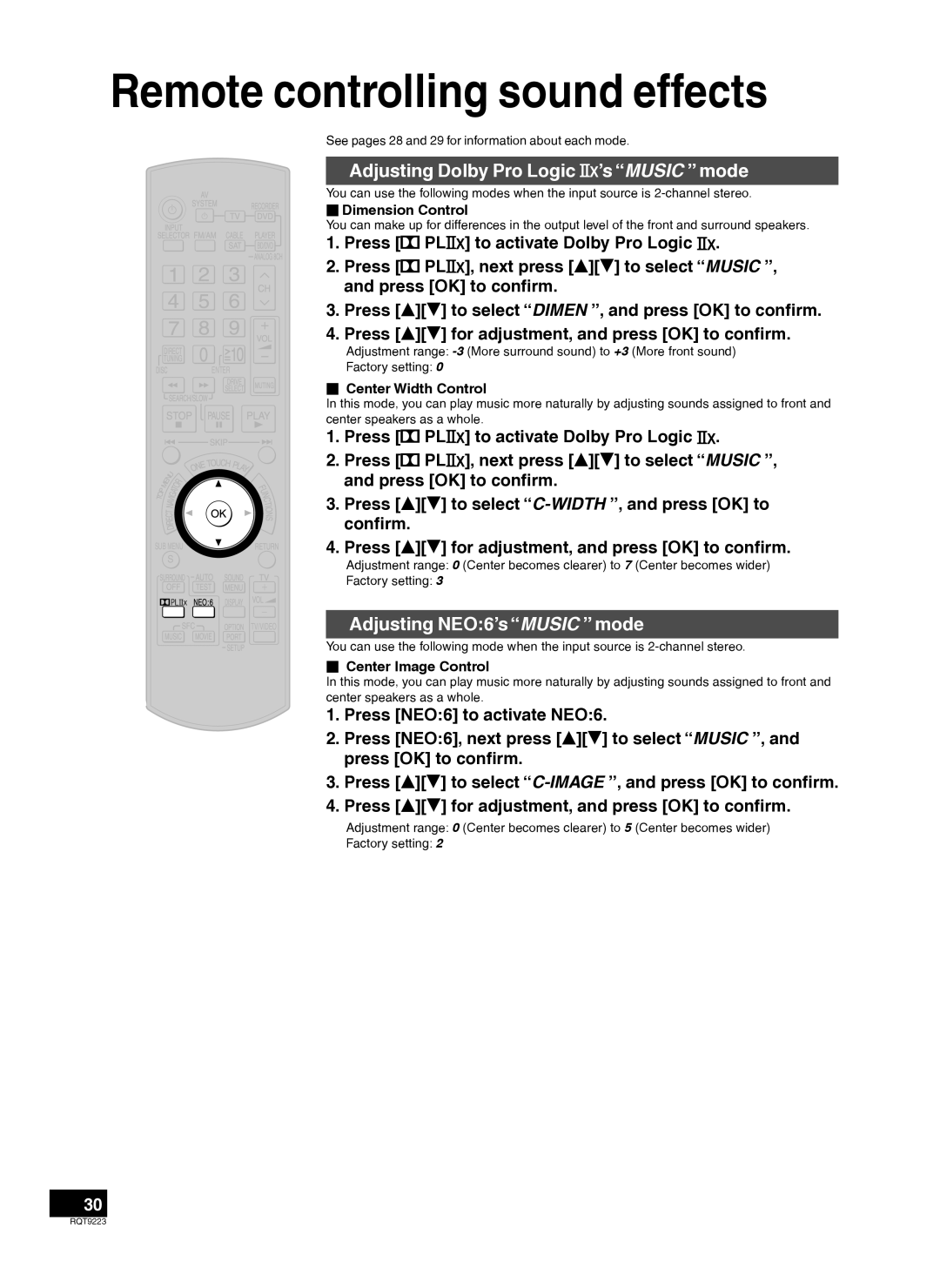 Panasonic RQT9223-Y Remote controlling sound effects, Adjusting Dolby Pro Logic ’s Music mode, Adjusting NEO6’s Music mode 