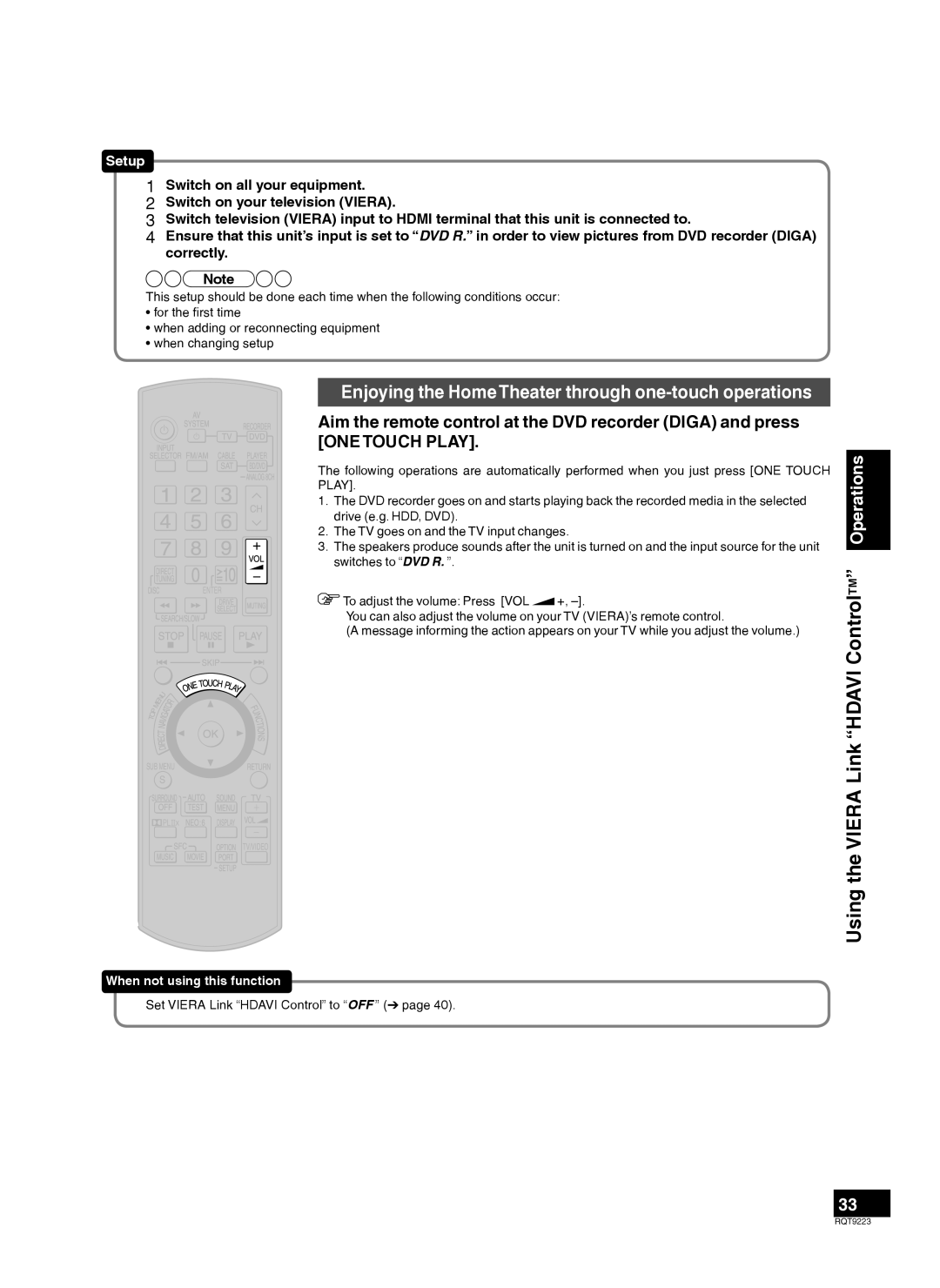 Panasonic RQT9223-Y, H0608VC0 warranty Using the Viera Link Hdavi ControlTM Operations 