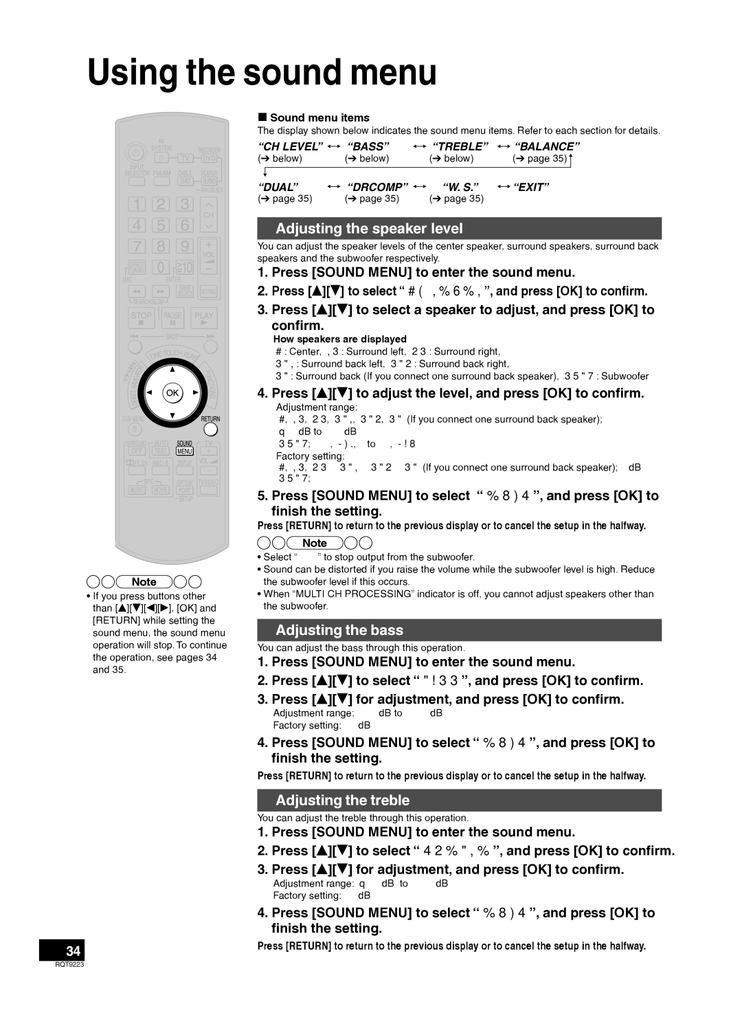 Panasonic H0608VC0, RQT9223-Y Using the sound menu, Adjusting the speaker level, Adjusting the bass, Adjusting the treble 