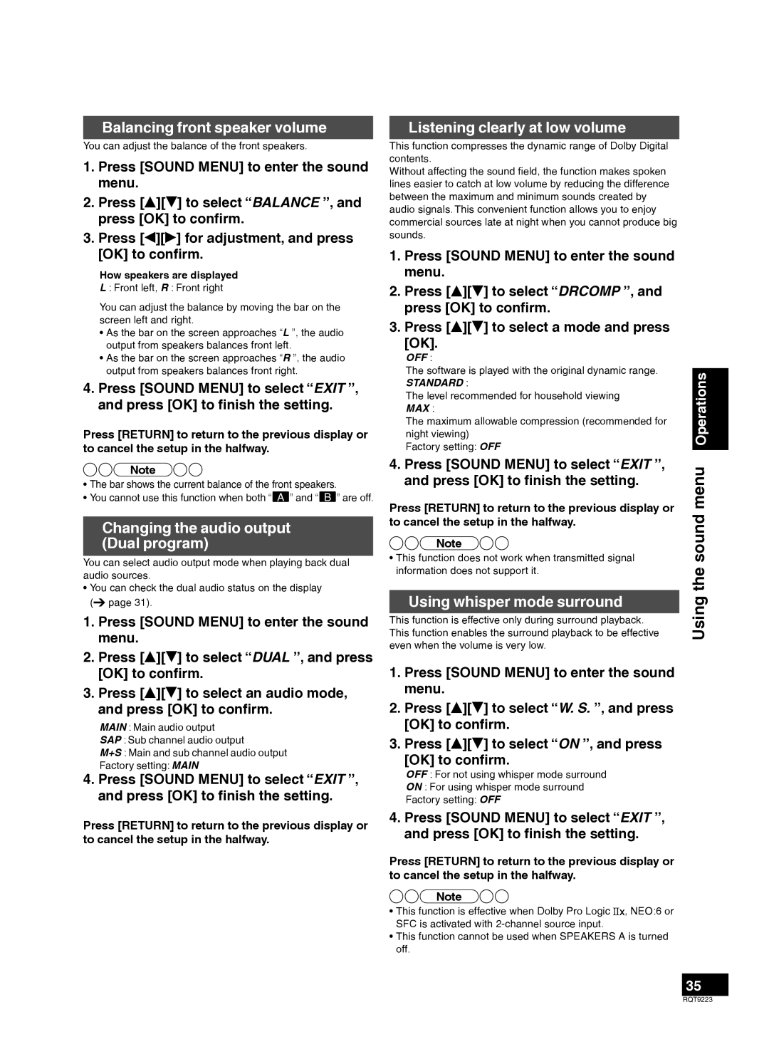 Panasonic RQT9223-Y, H0608VC0 warranty Sound, Balancing front speaker volume, Changing the audio output Dual program 