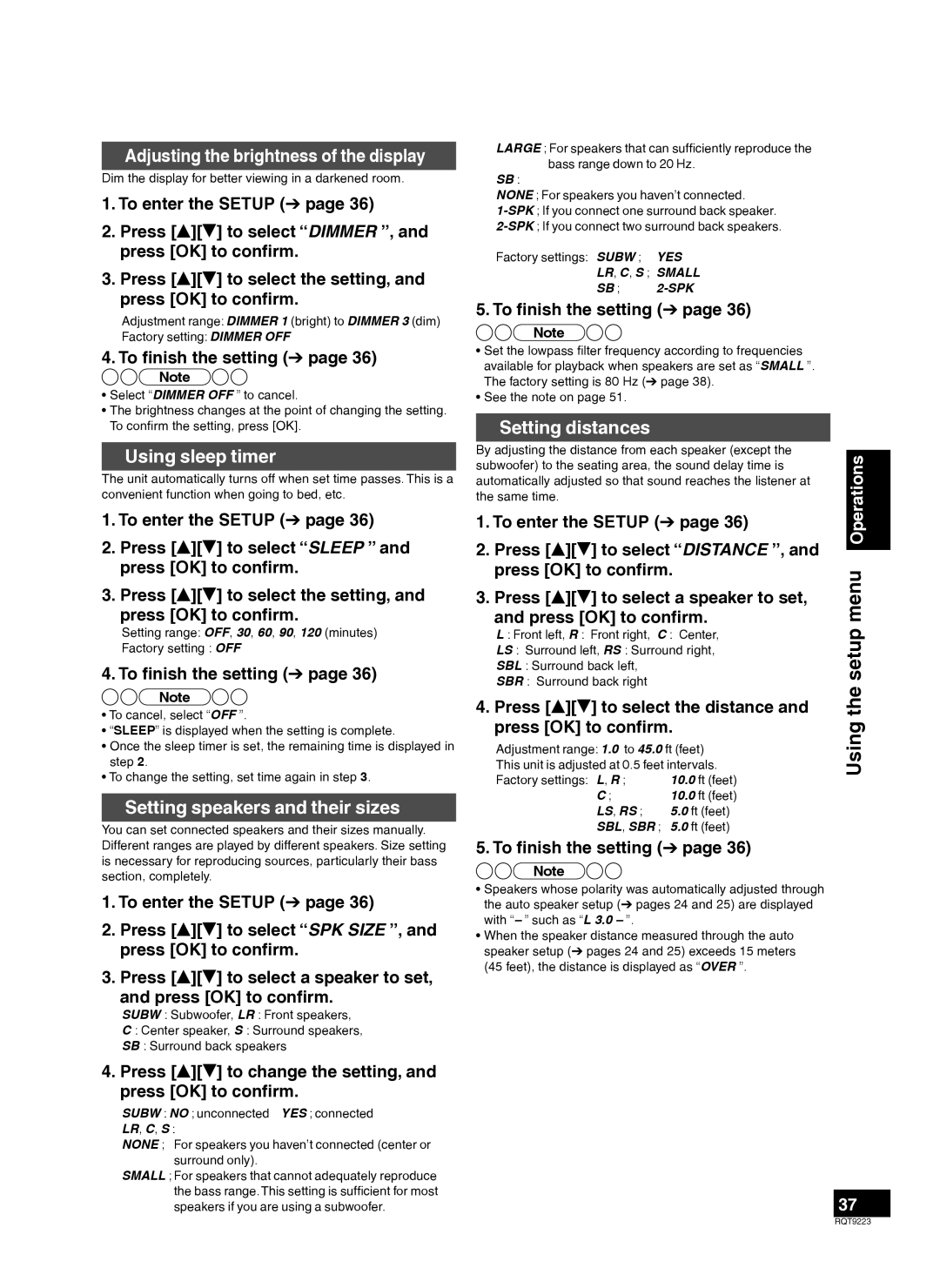 Panasonic H0608VC0, RQT9223-Y Using the setup menu Operations, Adjusting the brightness of the display, Using sleep timer 