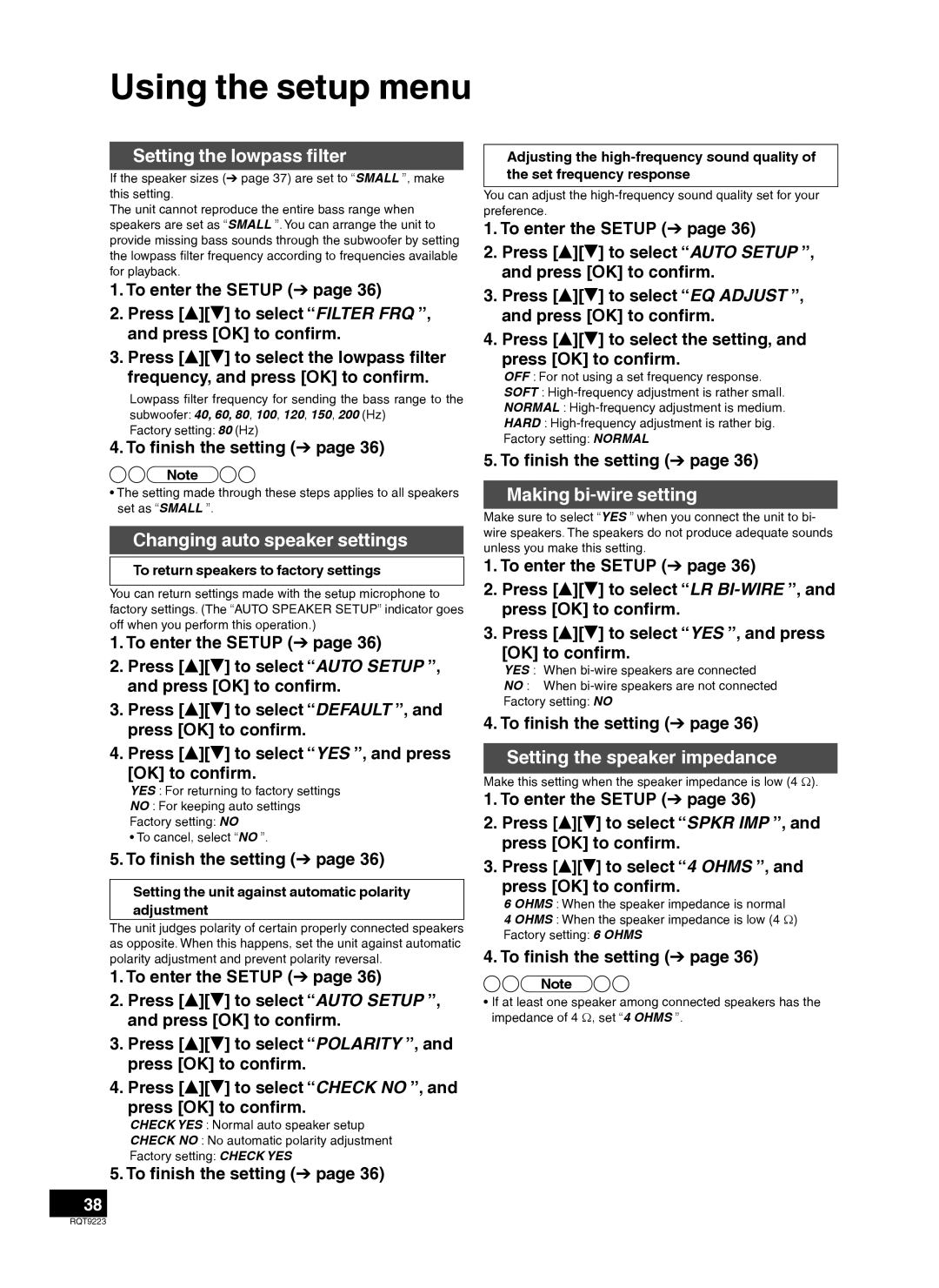 Panasonic RQT9223-Y, H0608VC0 warranty Setting the lowpass ﬁlter, Changing auto speaker settings, Making bi-wire setting 