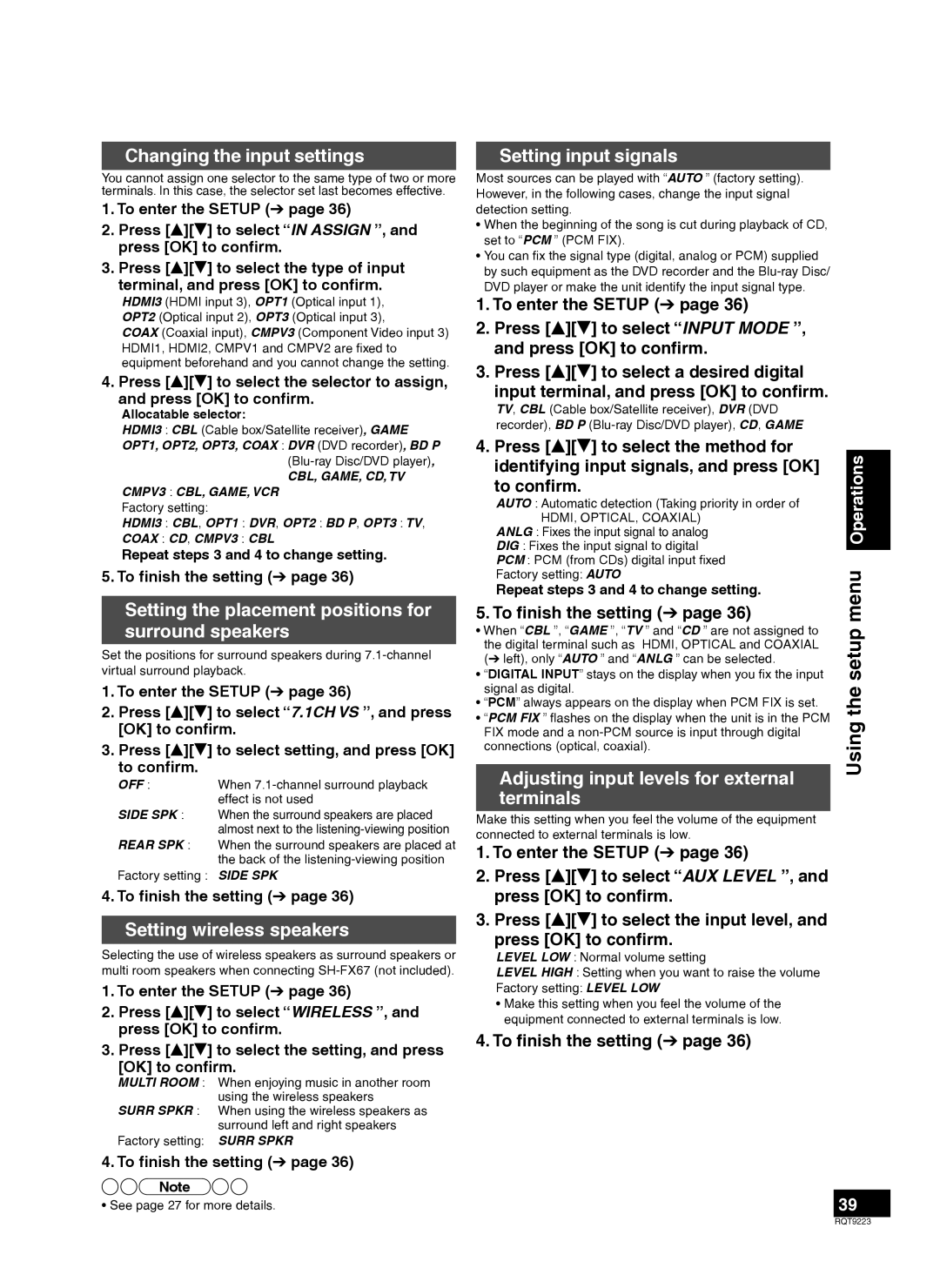 Panasonic RQT9223-Y, H0608VC0 warranty Changing the input settings, Setting the placement positions for surround speakers 