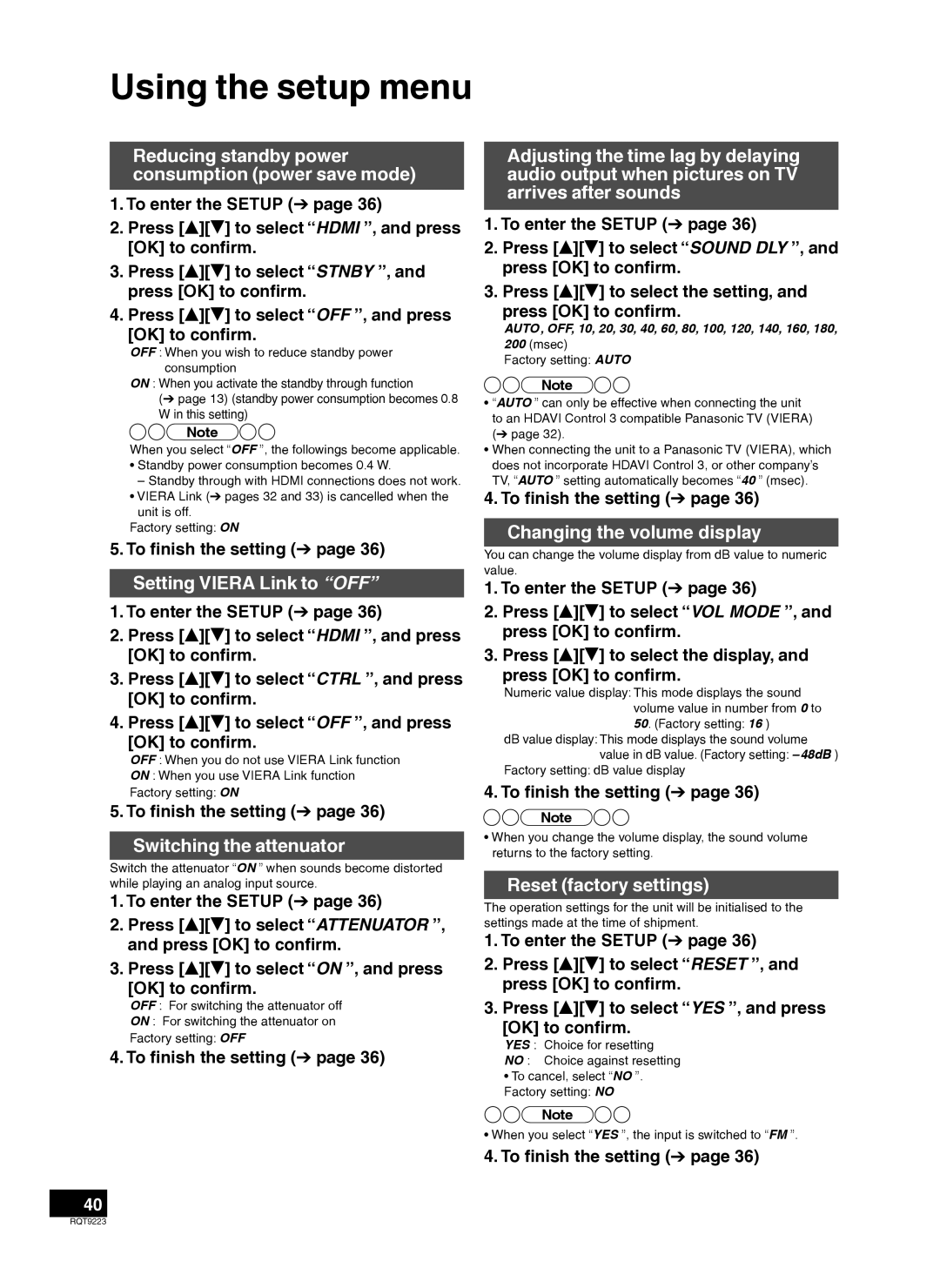 Panasonic H0608VC0 Reducing standby power consumption power save mode, Setting Viera Link to OFF, Switching the attenuator 