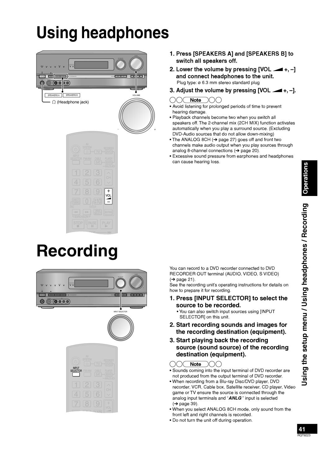 Panasonic RQT9223-Y, H0608VC0 warranty Using the setup menu / Using headphones / Recording, Operations 