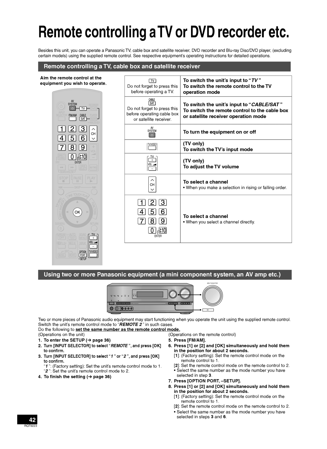 Panasonic RQT9223-Y Remote controlling aTV or DVD recorder etc, Remote controlling a TV, cable box and satellite receiver 