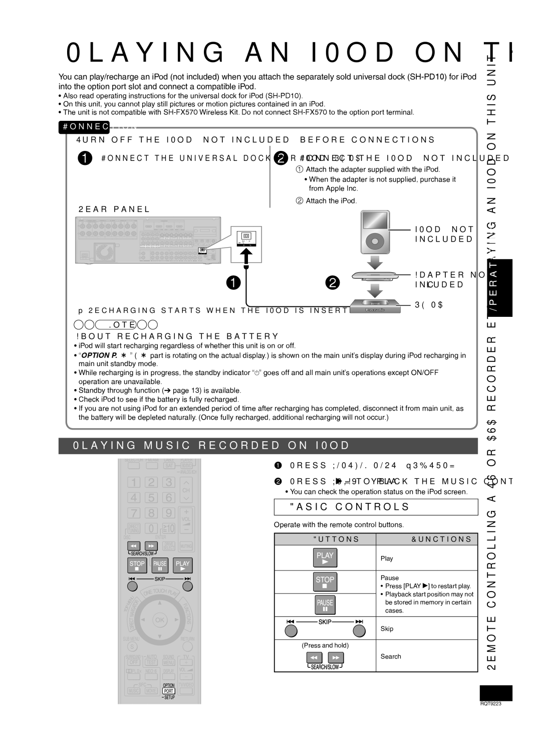 Panasonic RQT9223-Y Playing an iPod on this unit, Playing music recorded on iPod, Unit Operations, Basic controls 