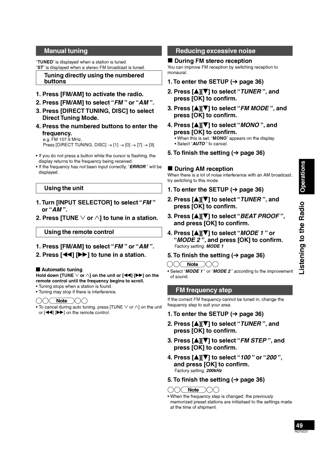 Panasonic H0608VC0, RQT9223-Y warranty Manual tuning, Reducing excessive noise, FM frequency step 