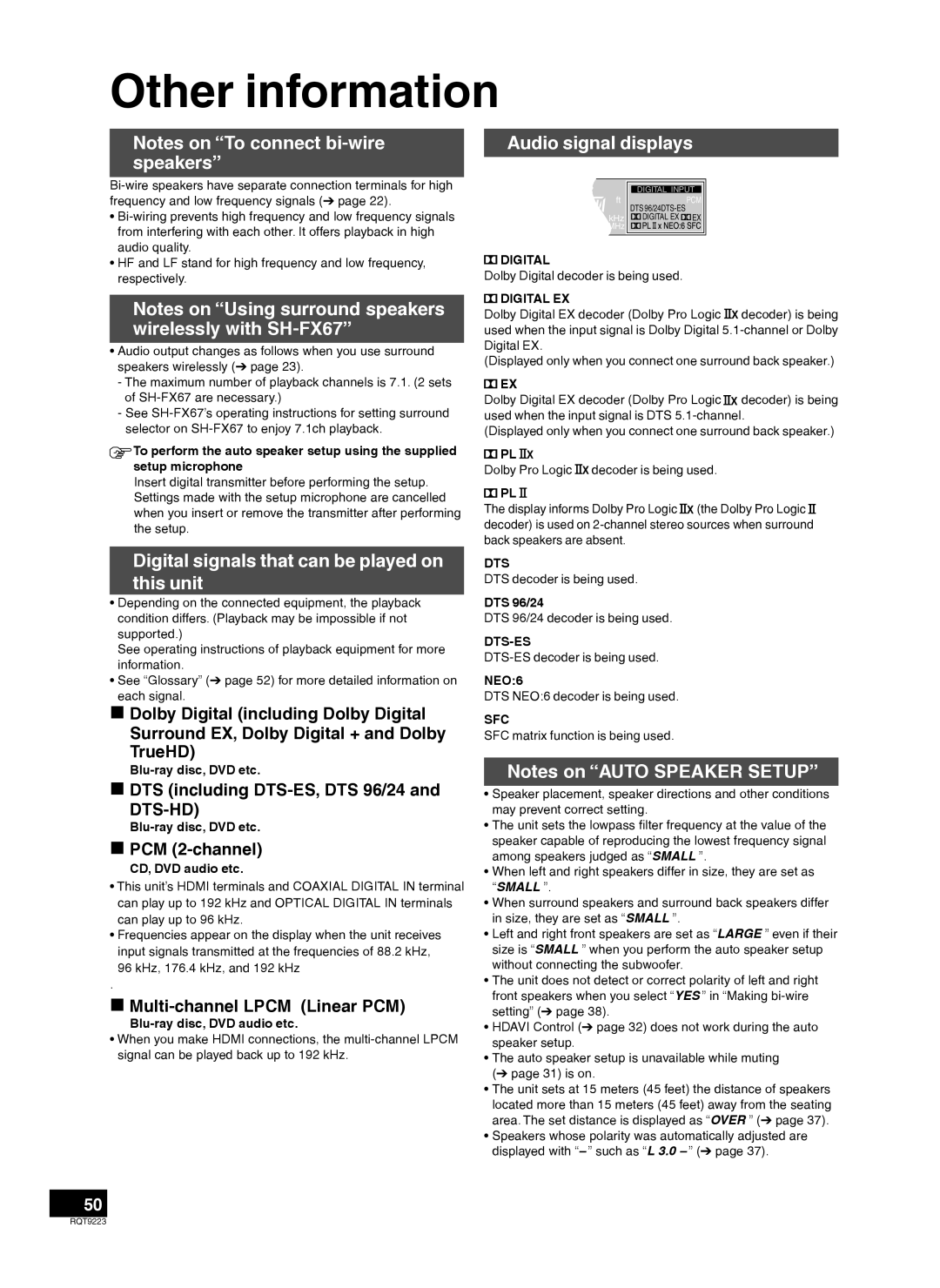 Panasonic RQT9223-Y, H0608VC0 Other information, Audio signal displays, Digital signals that can be played on this unit 