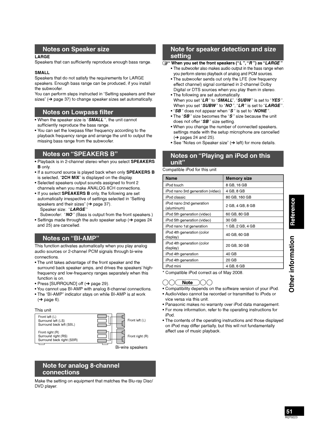 Panasonic RQT9223-Y warranty Other information Reference, When you set the front speakers L , R as Large, Name Memory size 