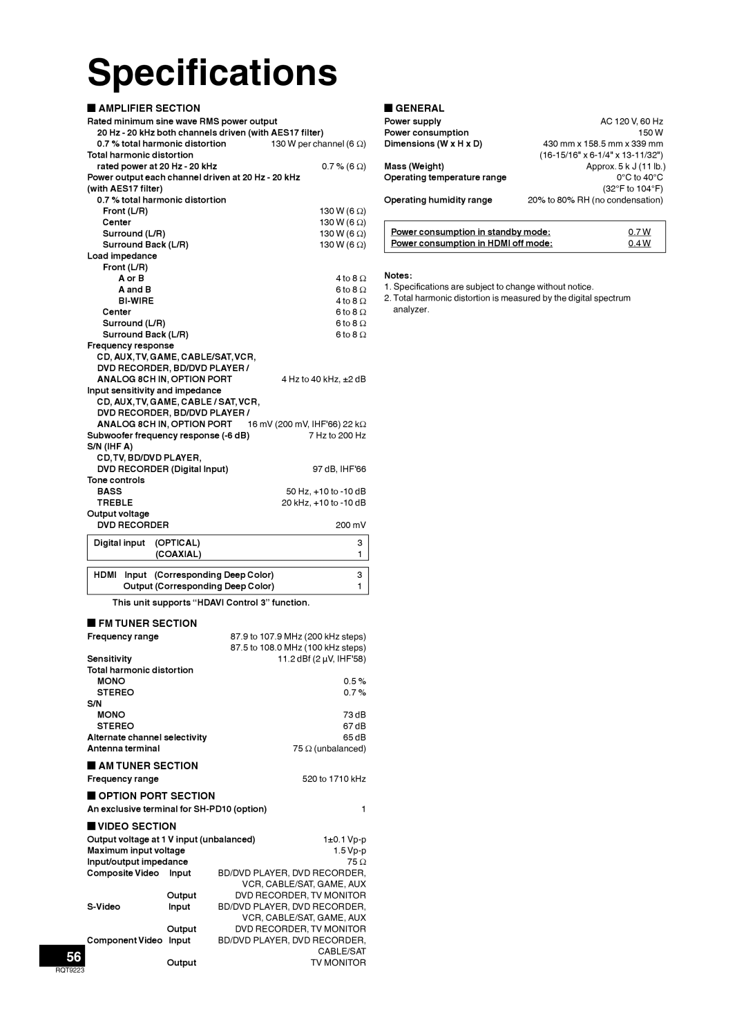 Panasonic RQT9223-Y, H0608VC0 warranty Speciﬁcations 