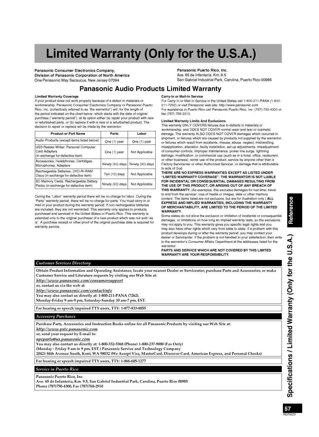 Panasonic RQT9223-Y, H0608VC0 Limited Warranty Only for the U.S.A, Panasonic Audio Products Limited Warranty, A. Reference 