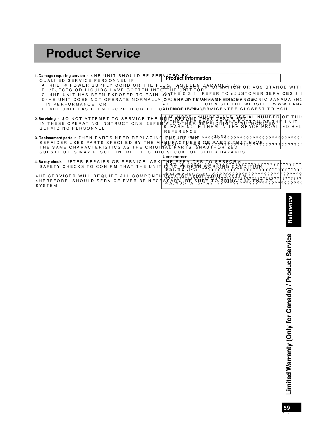 Panasonic RQT9223-Y, H0608VC0 warranty Product Service, Product information, User memo 