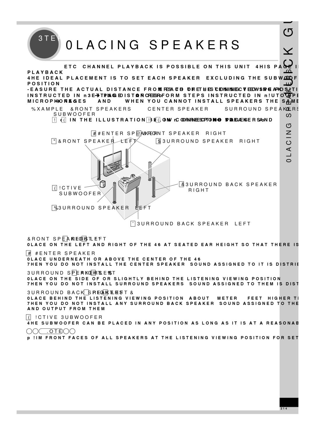 Panasonic RQT9223-Y Placing speakers Quick guide, Center speaker, Surround speakers D right, E left, Active Subwoofer 