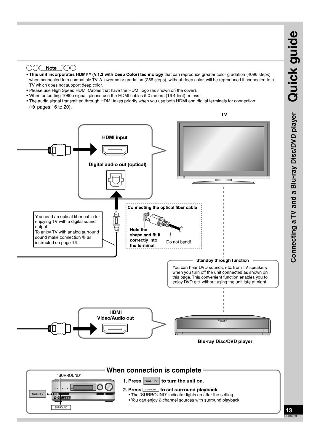 Panasonic H0608VC0, RQT9223-Y Quick guide, When connection is complete, and a Blu-rayDisc/DVD player, Connecting a TV 
