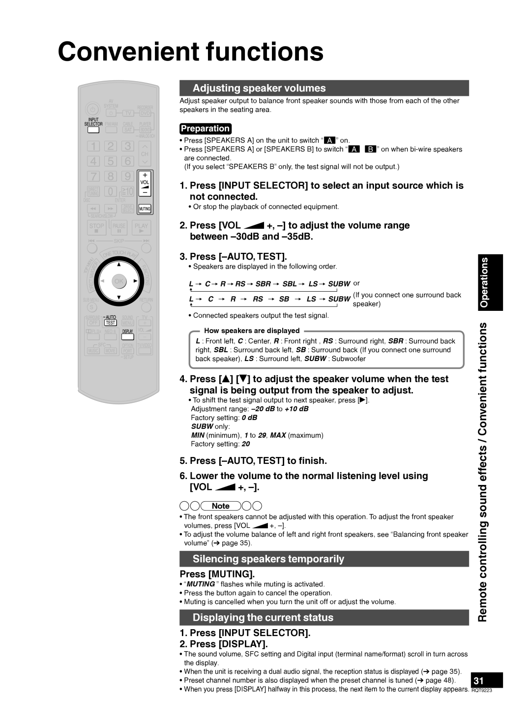 Panasonic H0608VC0 Convenient functions, Adjusting speaker volumes, Silencing speakers temporarily, Press VOL, Operations 