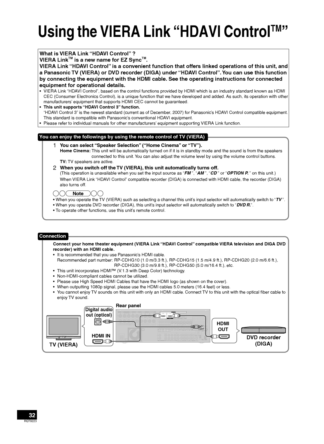 Panasonic RQT9223-Y warranty Using the VIERA Link “HDAVI ControlTM”, Tv Viera, DVD recorder DIGA, Connection, Rear panel 